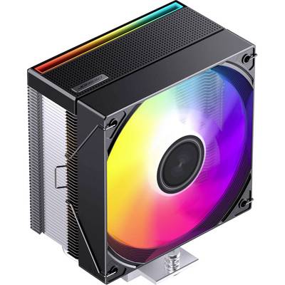 Svart datorkylningsfläkt med RGB-upplyst blad och värmeavledare, visad i en 3D-produktvy.