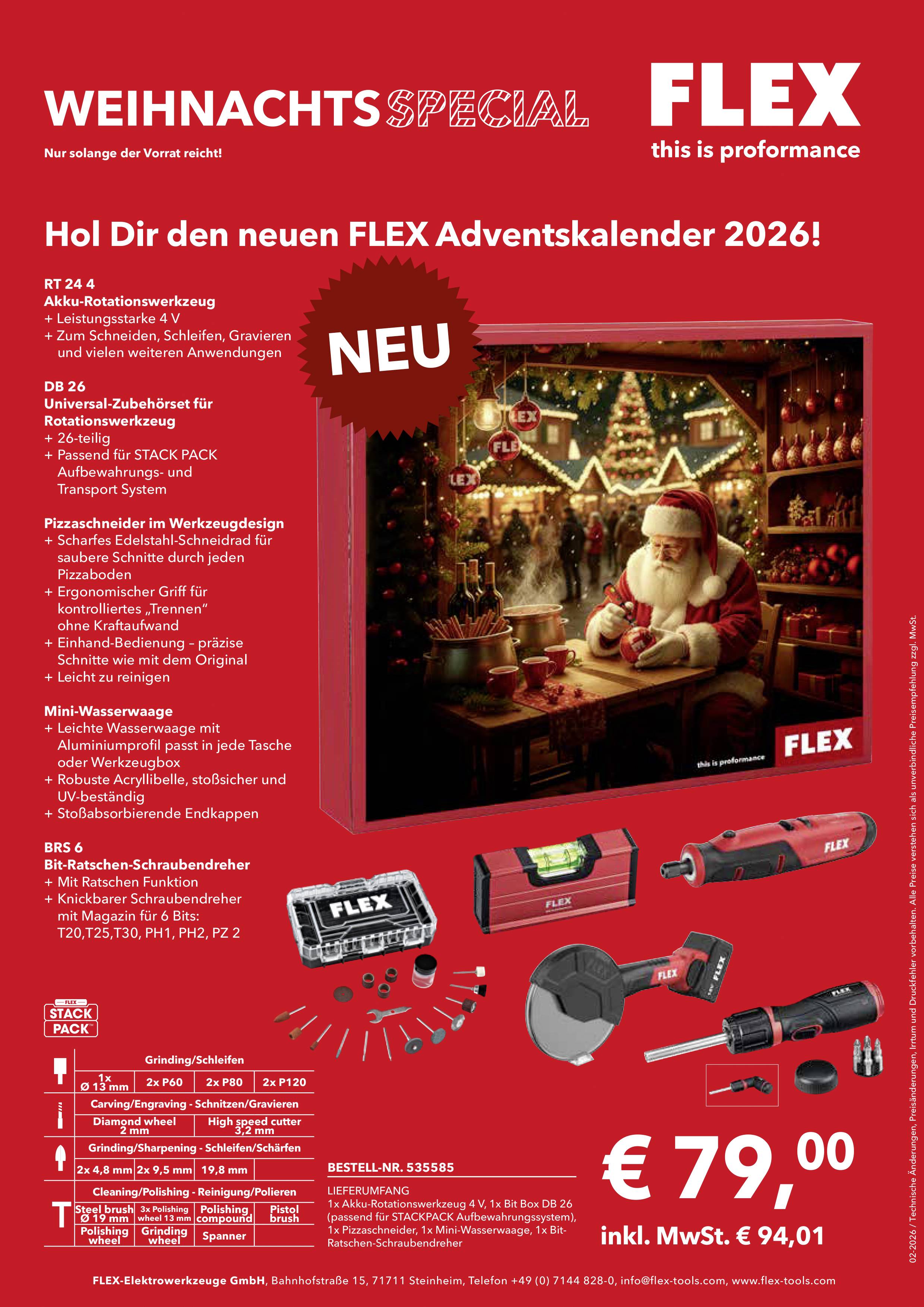 Reklamaffisch för FLEX Jule-Specia-Adventskalender 2026 med verktyg, Santamotiv och pris 79,00 EUR inkl. moms 94,01 EUR