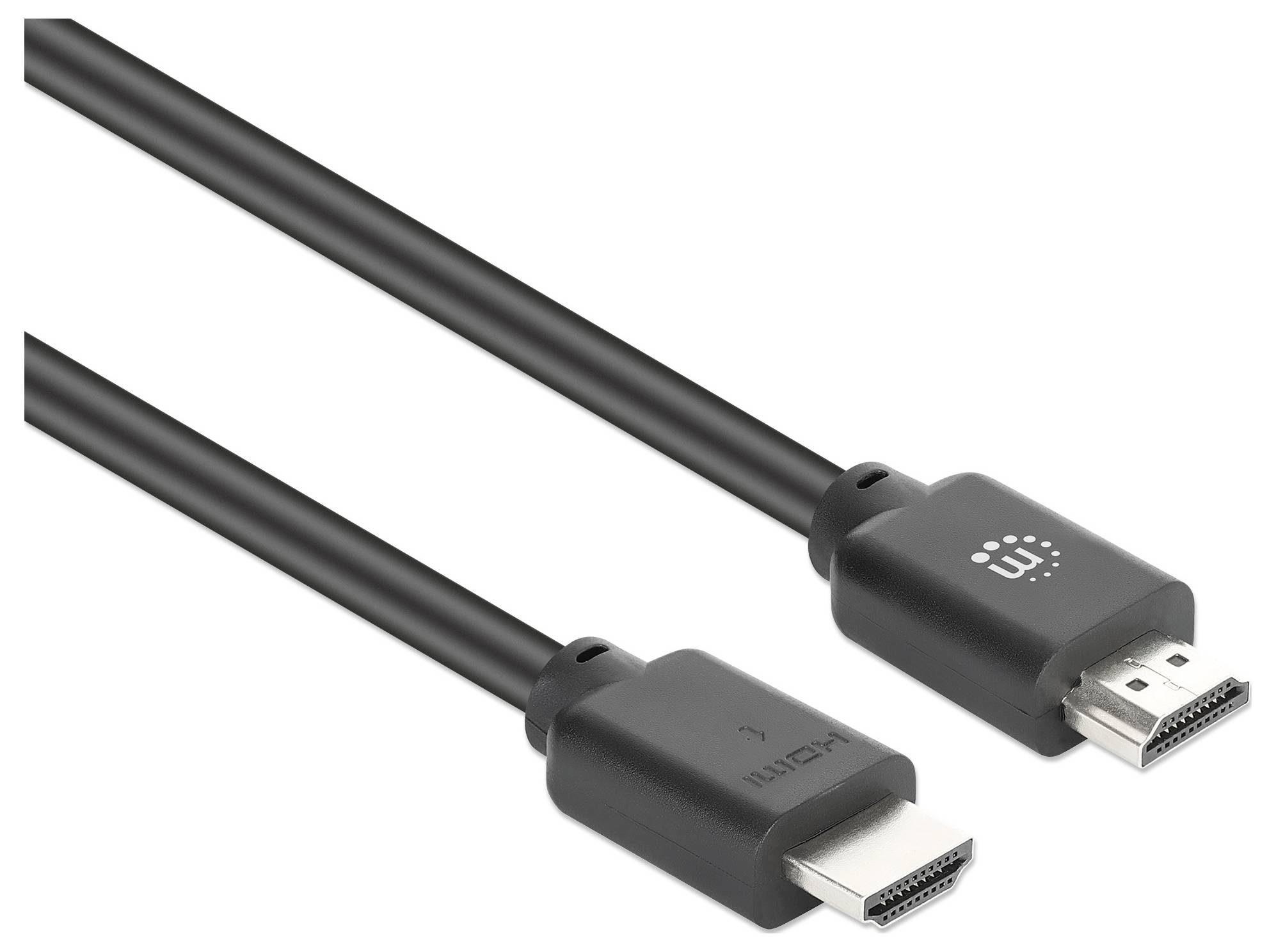 Två svarta HDMI-kablar med hankontakter visade på en vit bakgrund.