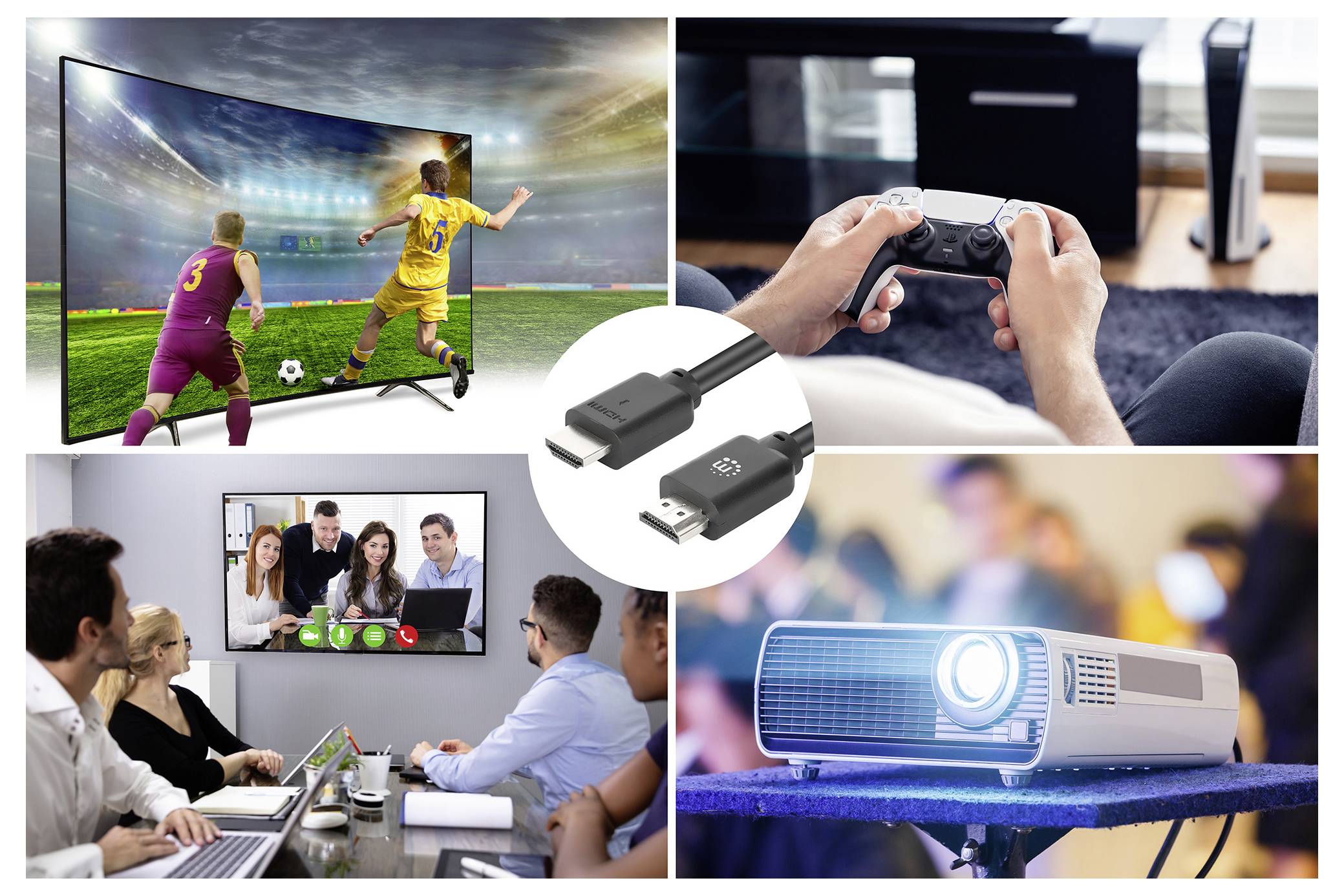 Collage av skärmdelningsanvändningar: spel på en TV, en USB-adapterkabel, videokonferens i ett mötesrum och en projektor som visar en bild.