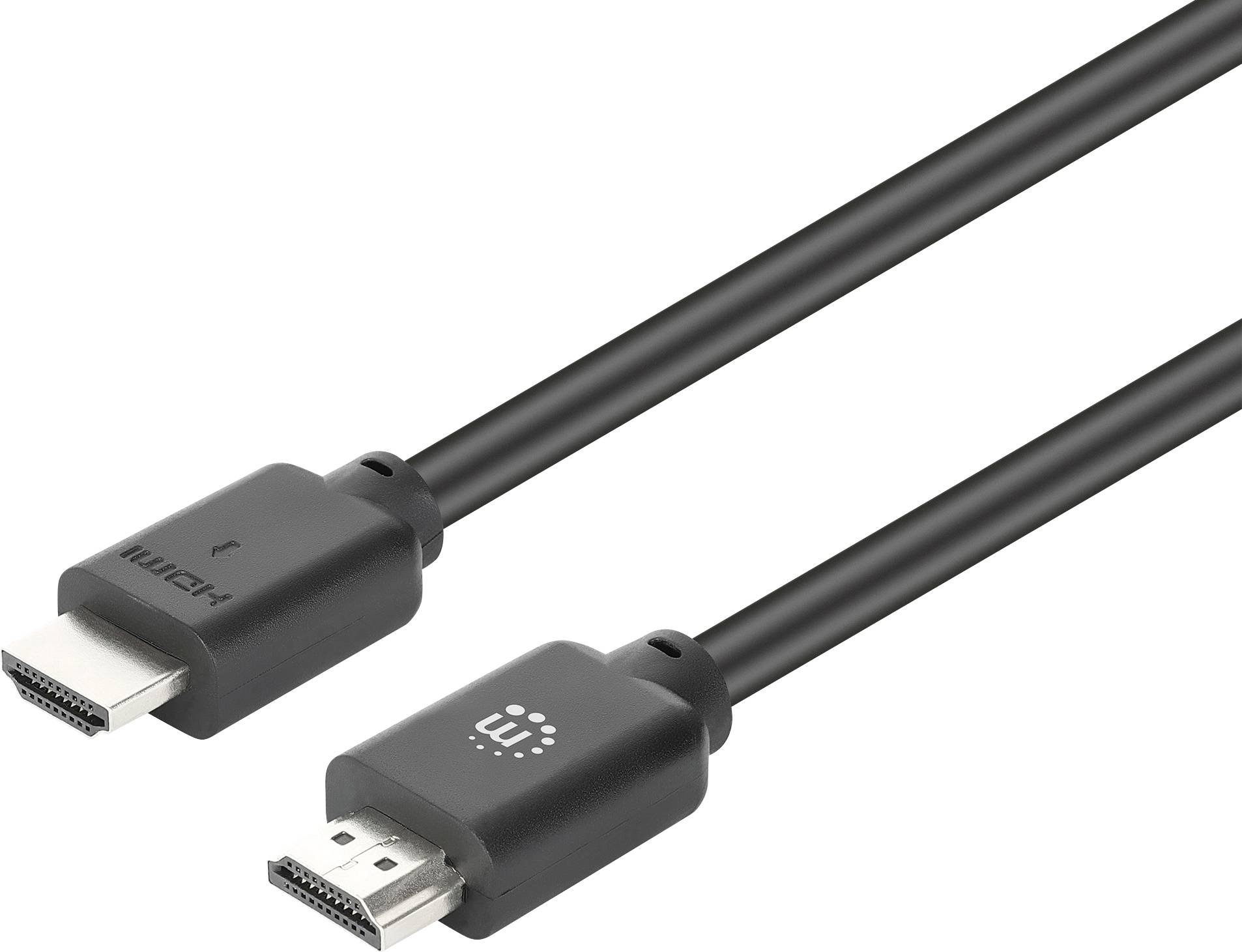 Två svarta HDMI-kablar med hankontakter på vit bakgrund, visad i närbild.