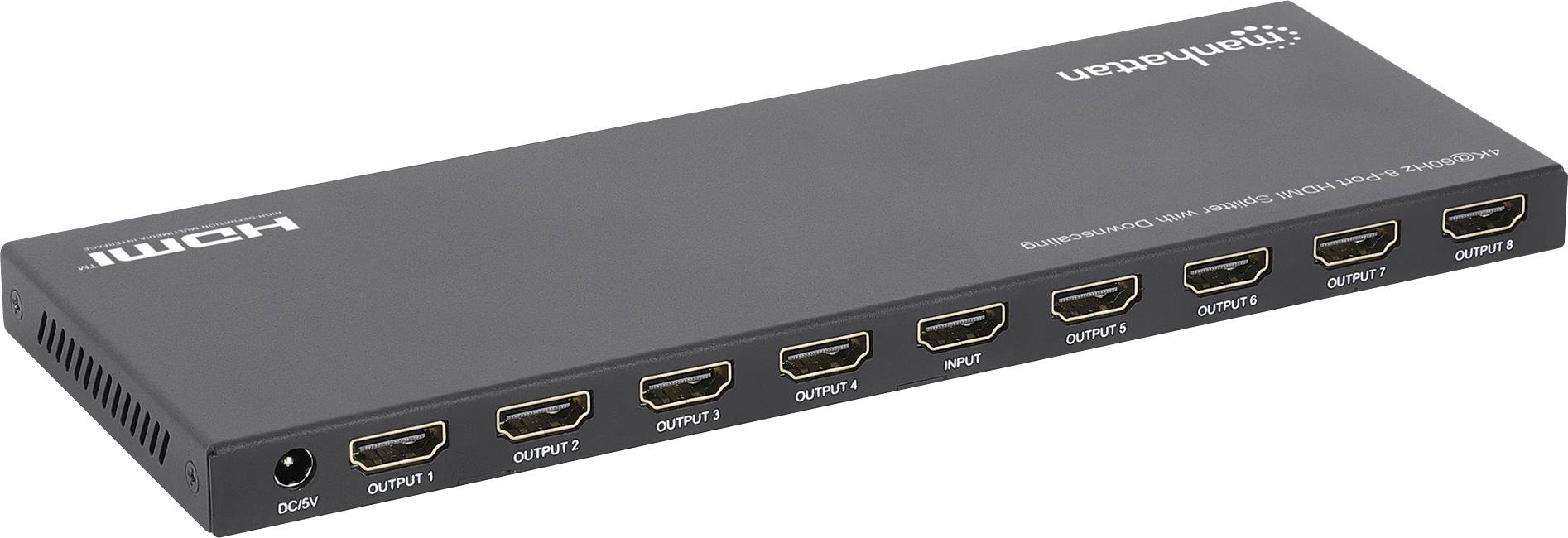 Svart HDMI-växlåda med en DC 5V-strömingång och åtta märkta HDMI-portar, inklusive "INPUT" och "OUTPUT 1" till "OUTPUT 8".