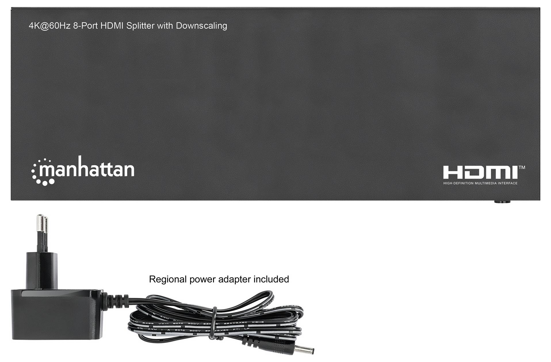 Manhattan 4K@60Hz 8-ports HDMI-splitter med nedskalering, visas med medföljande regionala strömadapter och HDMI-logotyp.