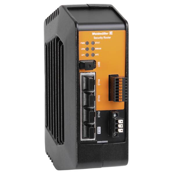 Industriell säkerheitsrouter med orange frontpanel, status-LED:ar, USB-port och Ethernet-portar