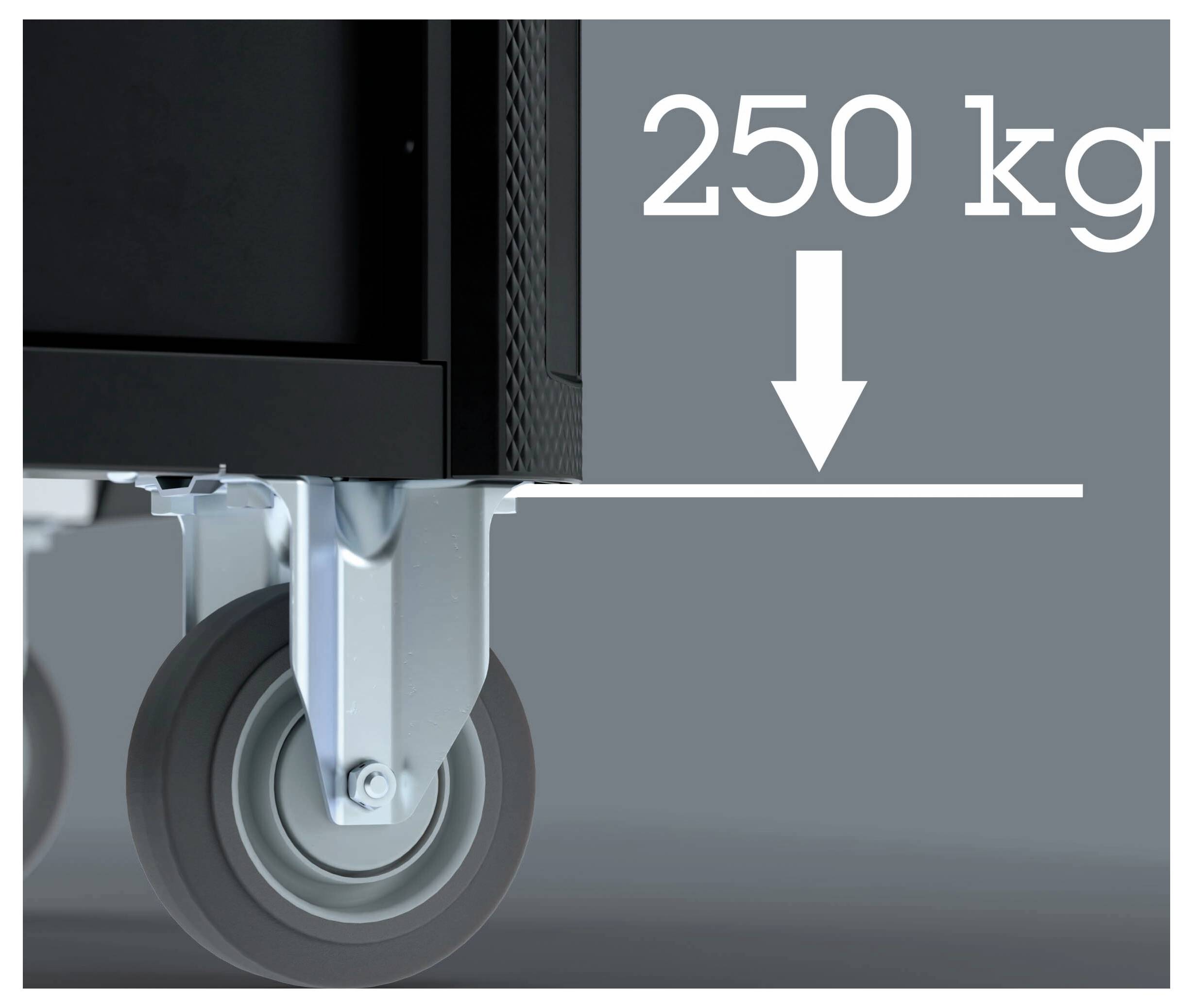 Närbild illustration av ett svänghjul under ett tungt föremål, märkt "250 kg" med en pil som pekar på den lastbärande ytan.