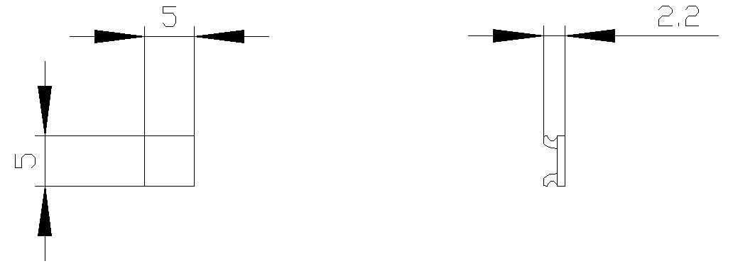 Teknisk dimensionsskiss av en rektangulär del, som visar en 5 gånger 5 kvadrat i frontvy och en 5 gånger 2,2 sidovy med dimensionspil.