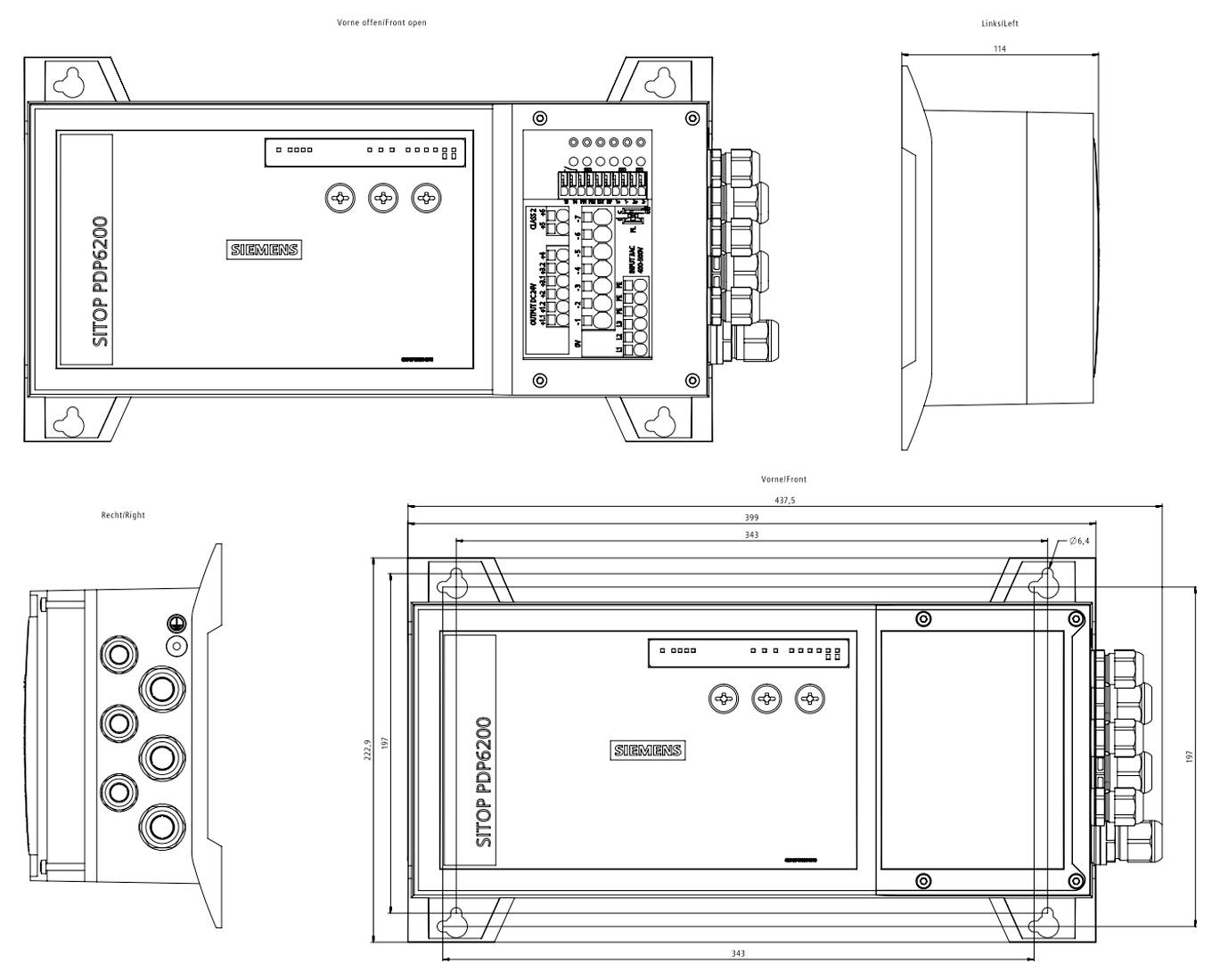 Teknisk ritning av en rektangulär industriell styrmodul, visar fram-, sid- och planvyer med märkta dimensioner och anslutningsportar.