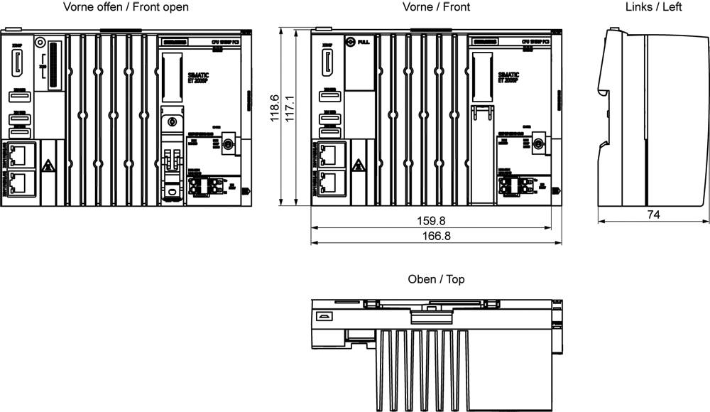 Teknisk linjritning av en elektronisk modul visad i front-, vänstersida- och toppvyer med dimensioner märkta 166,8, 159,8, 118,6, 117,1 och 74 mm.
