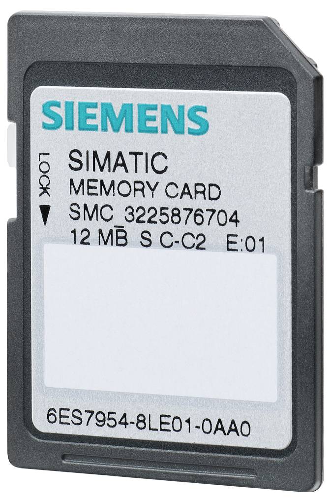 Siemens SIMATIC minneskort, 12 MB, med etikett "SMC 3225876704" och artikelnummer "6ES7954-8LE01-0AA0".