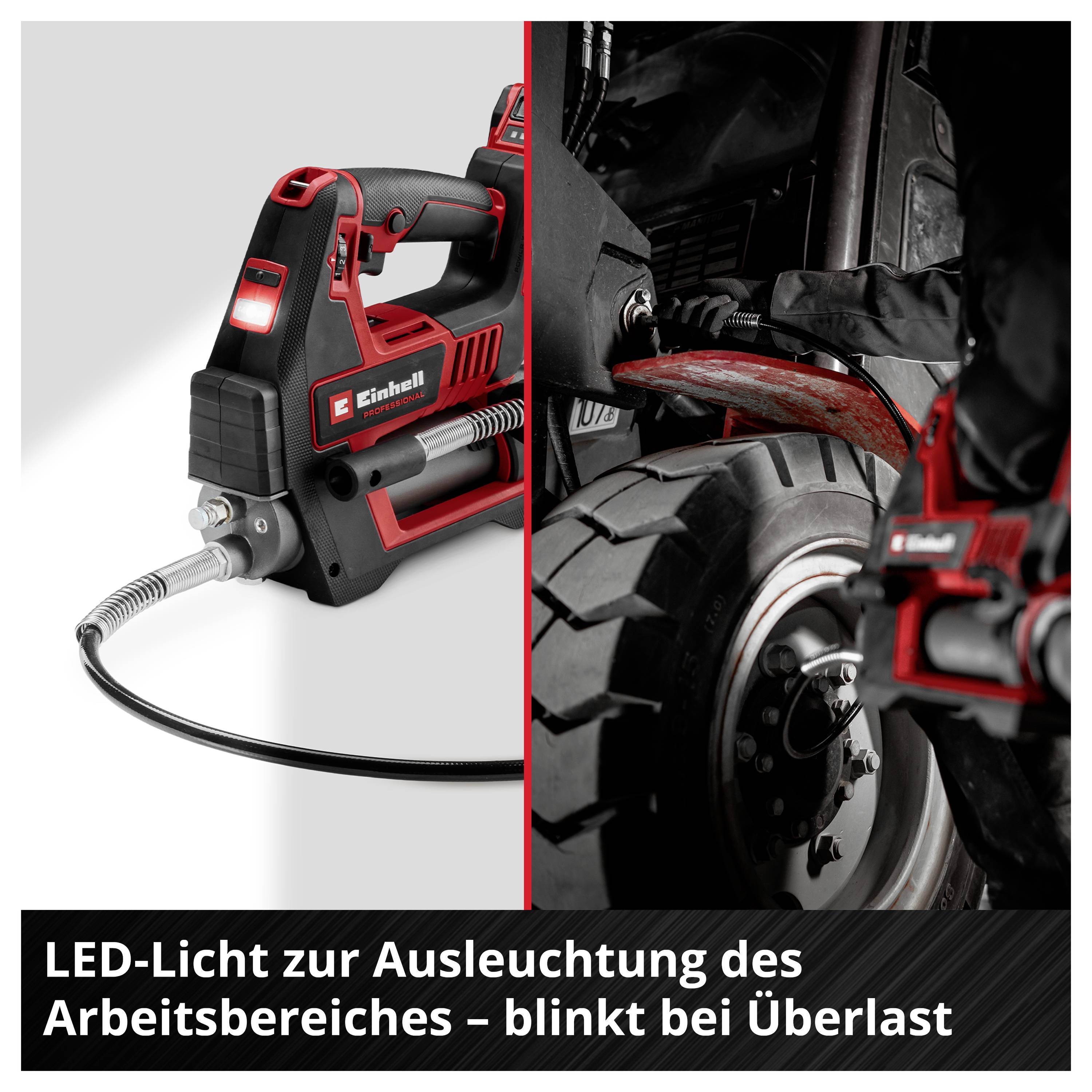 Akku-kompressor/Inflator från Einhell med LED-lampa; till vänster apparaten, till höger när ett däck pumpas upp. Notering: "LED-lampa för belysning av arbetsområdet – blinkar vid överbelastning"