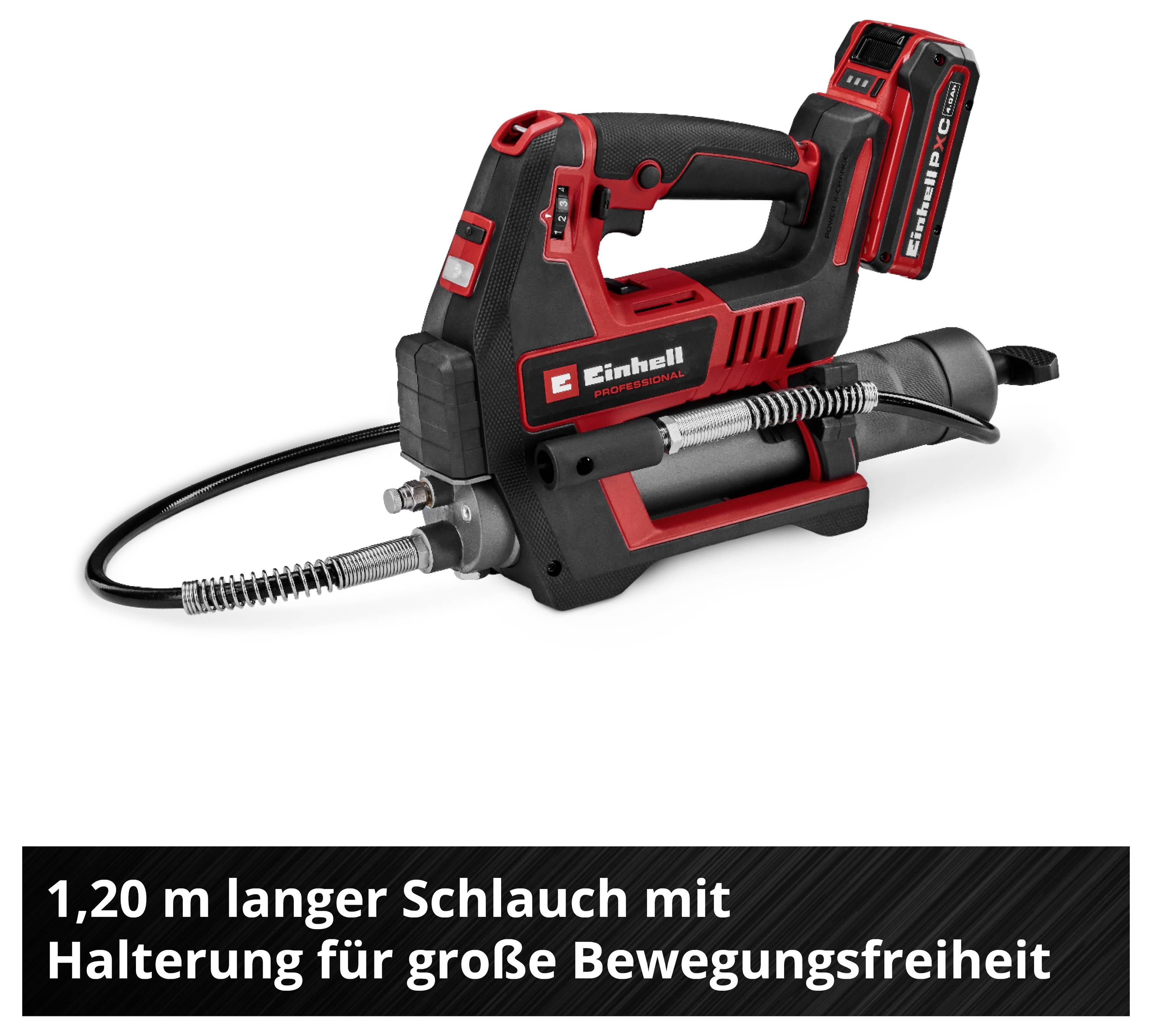 Batteridriven Einhell högtryckstvätt med 1,20 m långt slang; texten nämner stor rörelsefrihet genom slangfäste.