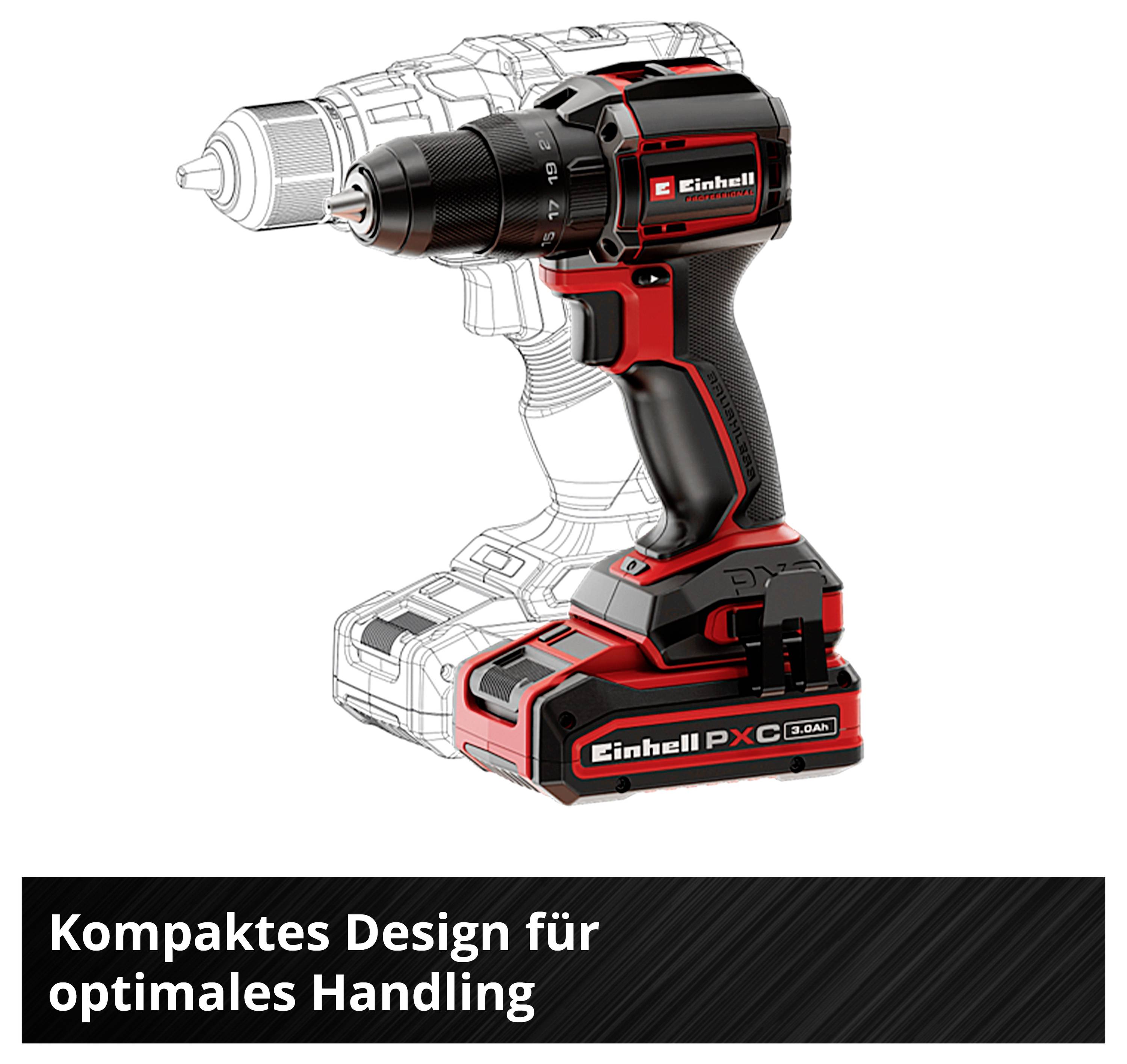 Ackumulatorskruvdragare från Einhell i svart-rött med batteri; under texten: 'Kompakt design för optimal hantering'.