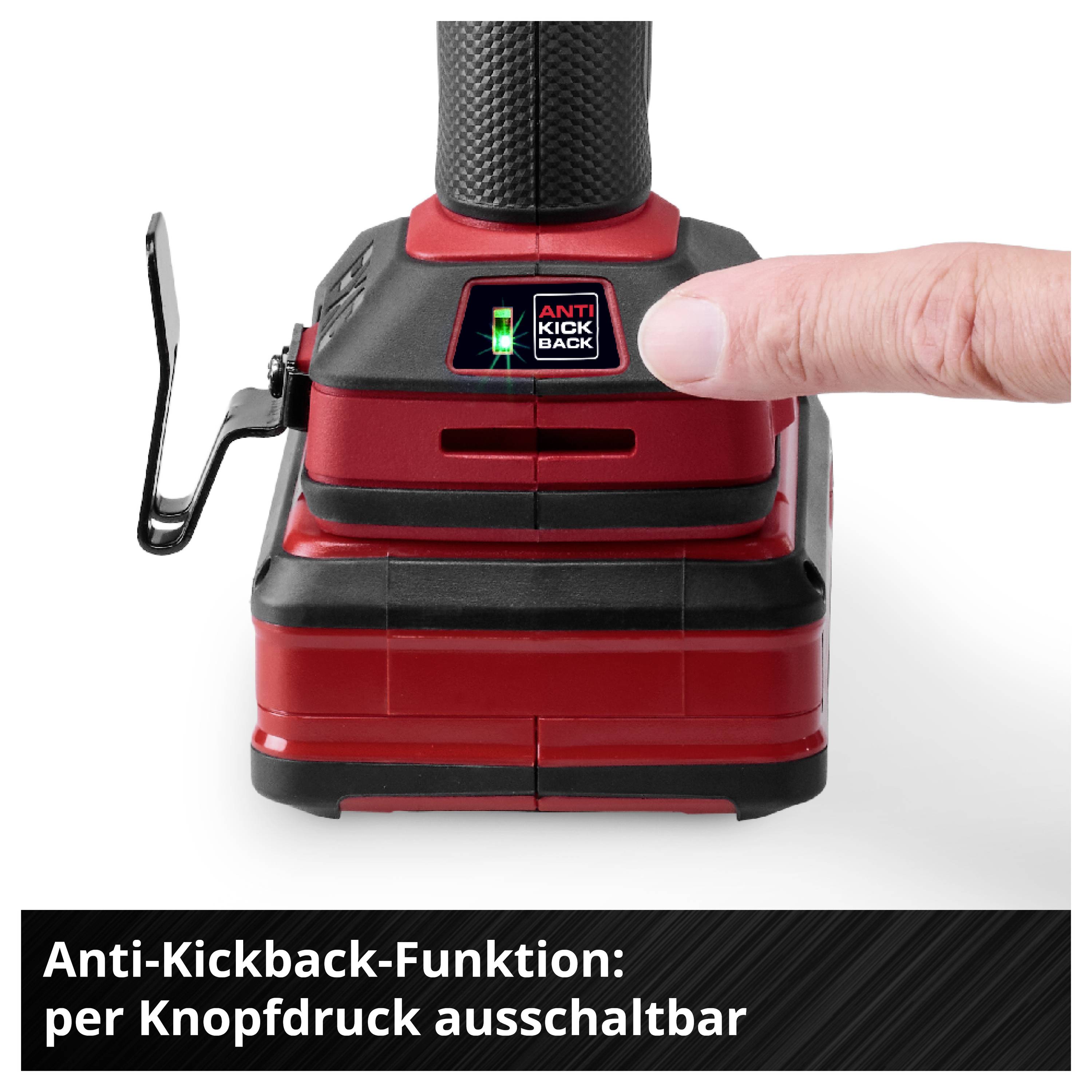 Borrhål-skruvdragare med "Anti-Kickback"-display; ett finger trycker på omkopplaren. Anmärkning: Anti-Kickback-funktionen kan inaktiveras med en knappkontroll.