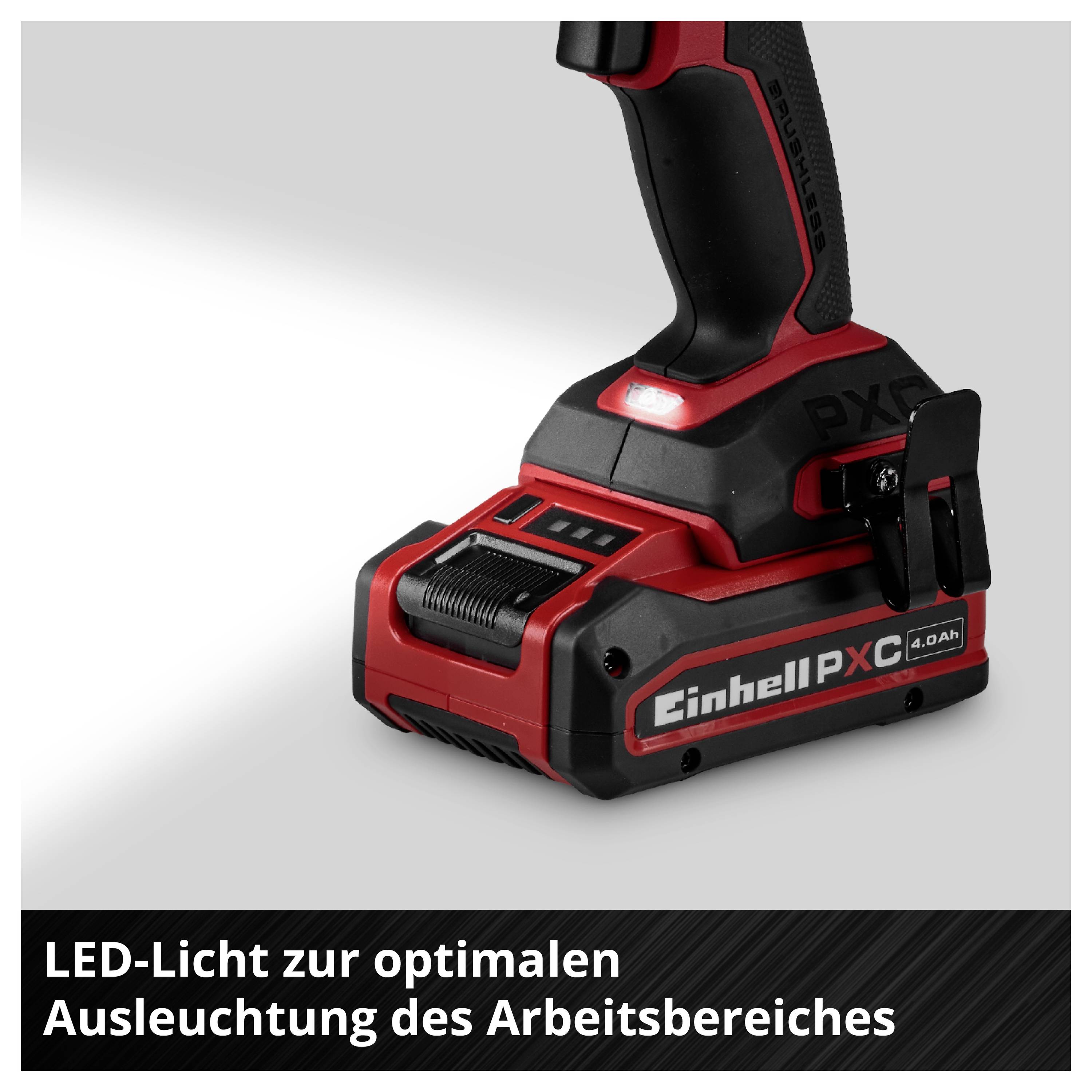 Trådlös Einhell PXC-accu-skruvdragare med LED-ljus; Text: "LED-ljus för optimal belysning av arbetsområdet".
