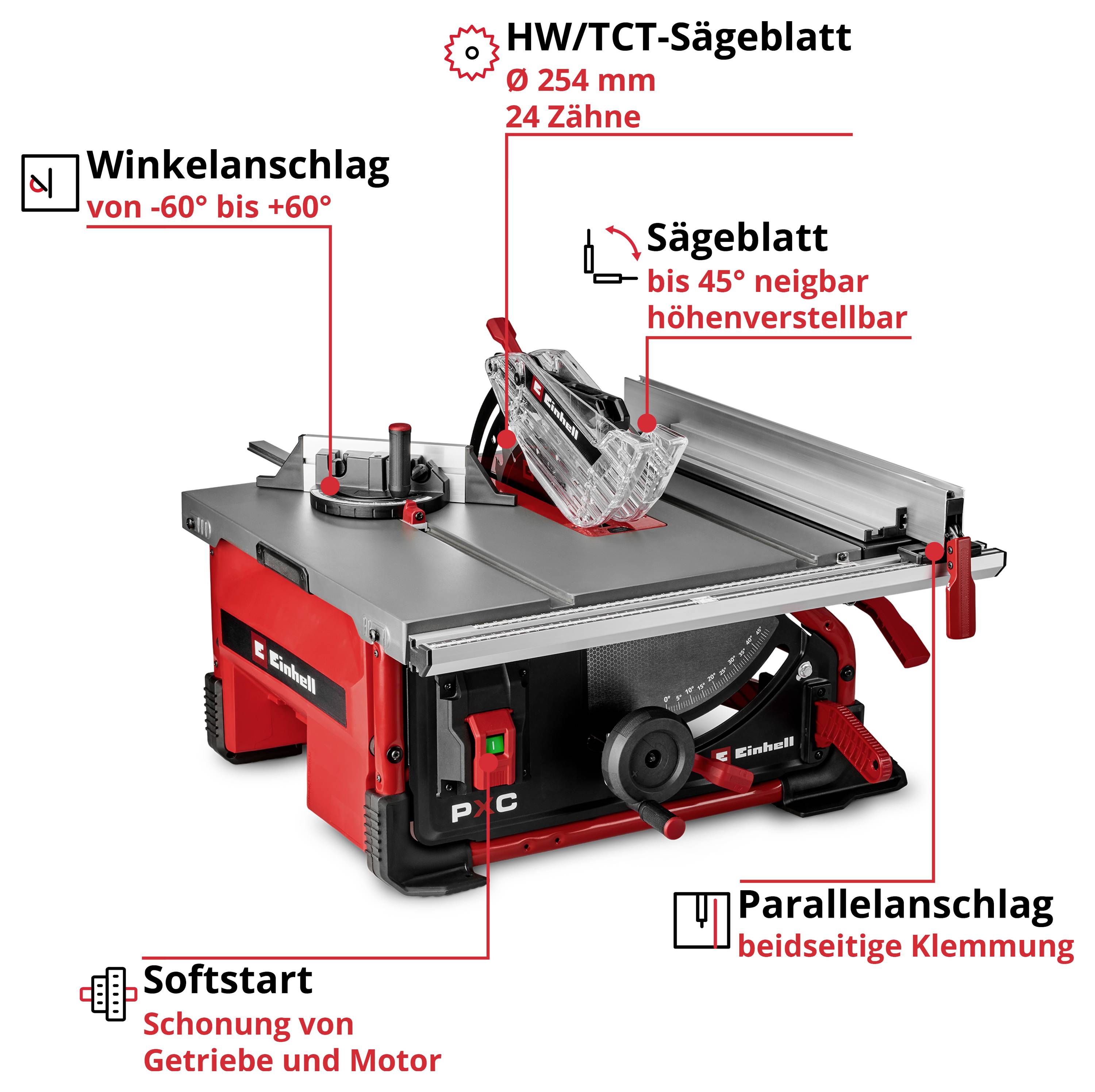 Illustrerad bordscirkelsåg med beteckningar: Vinkelslag från -60° till +60°, HM/TCT-sågsblad Ø 254 mm med 24 tänder, sågsblad höj- och lut- inställbart upp till 45°, parallellstöd som kan klämmast på båda sidor, mjuk start.