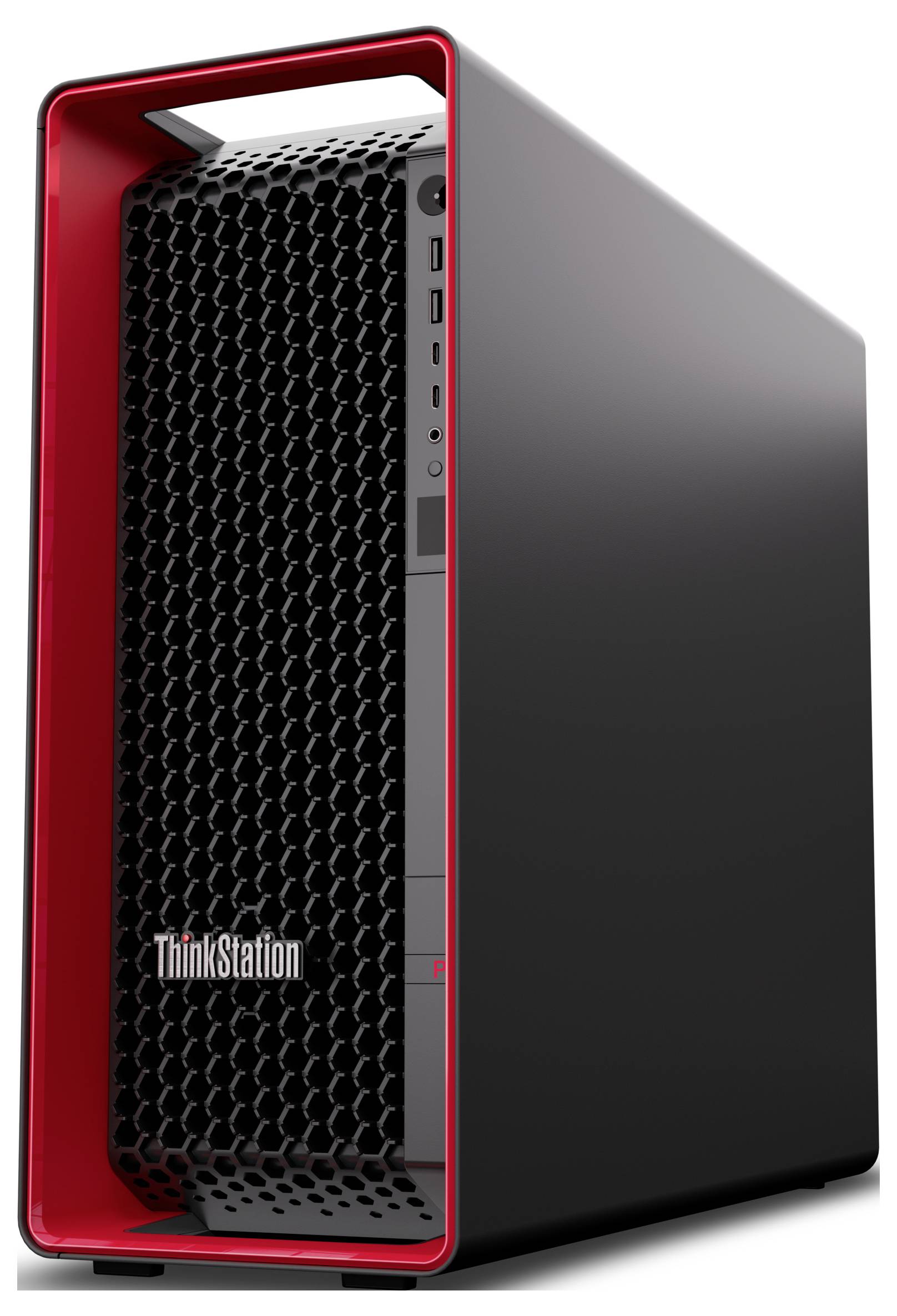En Lenovo ThinkStation skrivbordstorn med svart bikakemönster på framsidan och röd kantlist, visad i trekvartsvy.