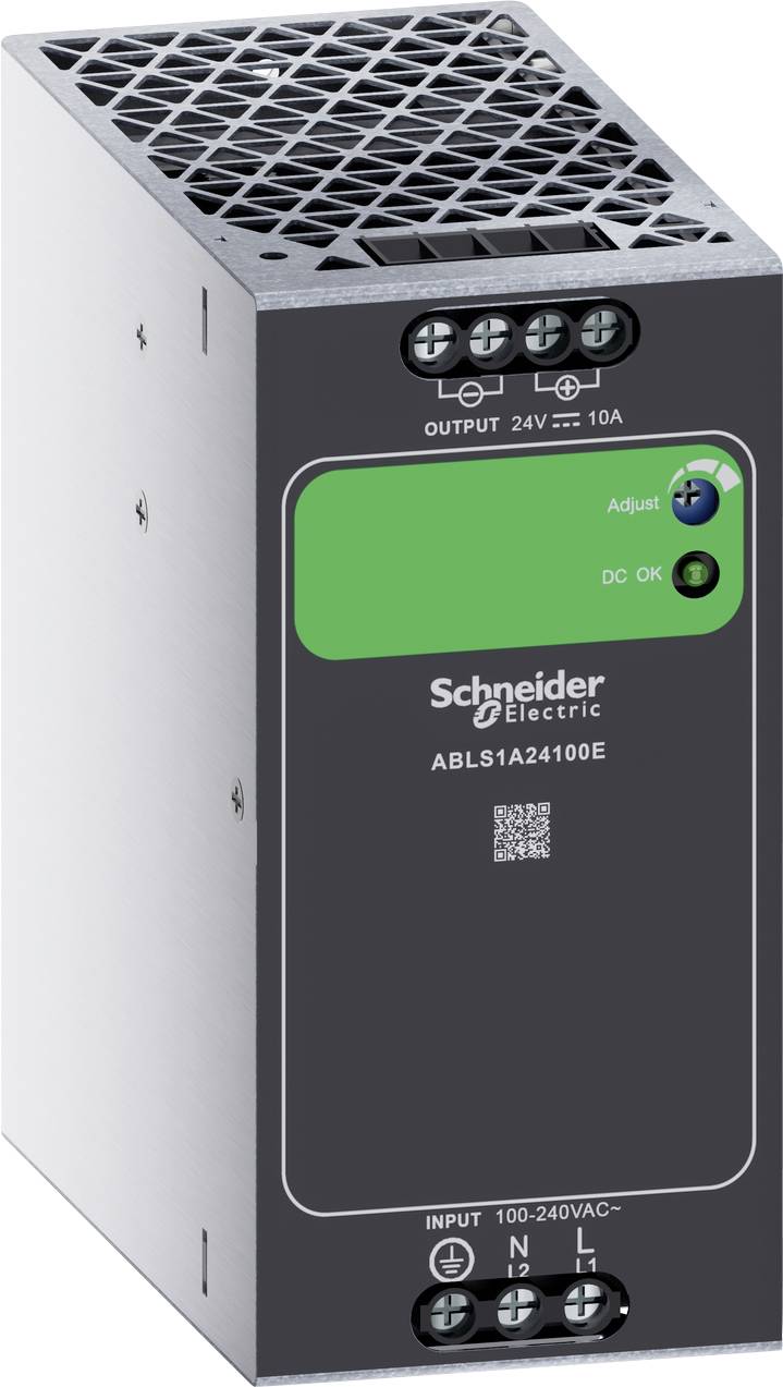 Schneider Electric industriell strömförsörjningsenhet med grön frontpanel, utgångsterminaler överst, ingångsterminaler nederst och ventilerad övre galler.