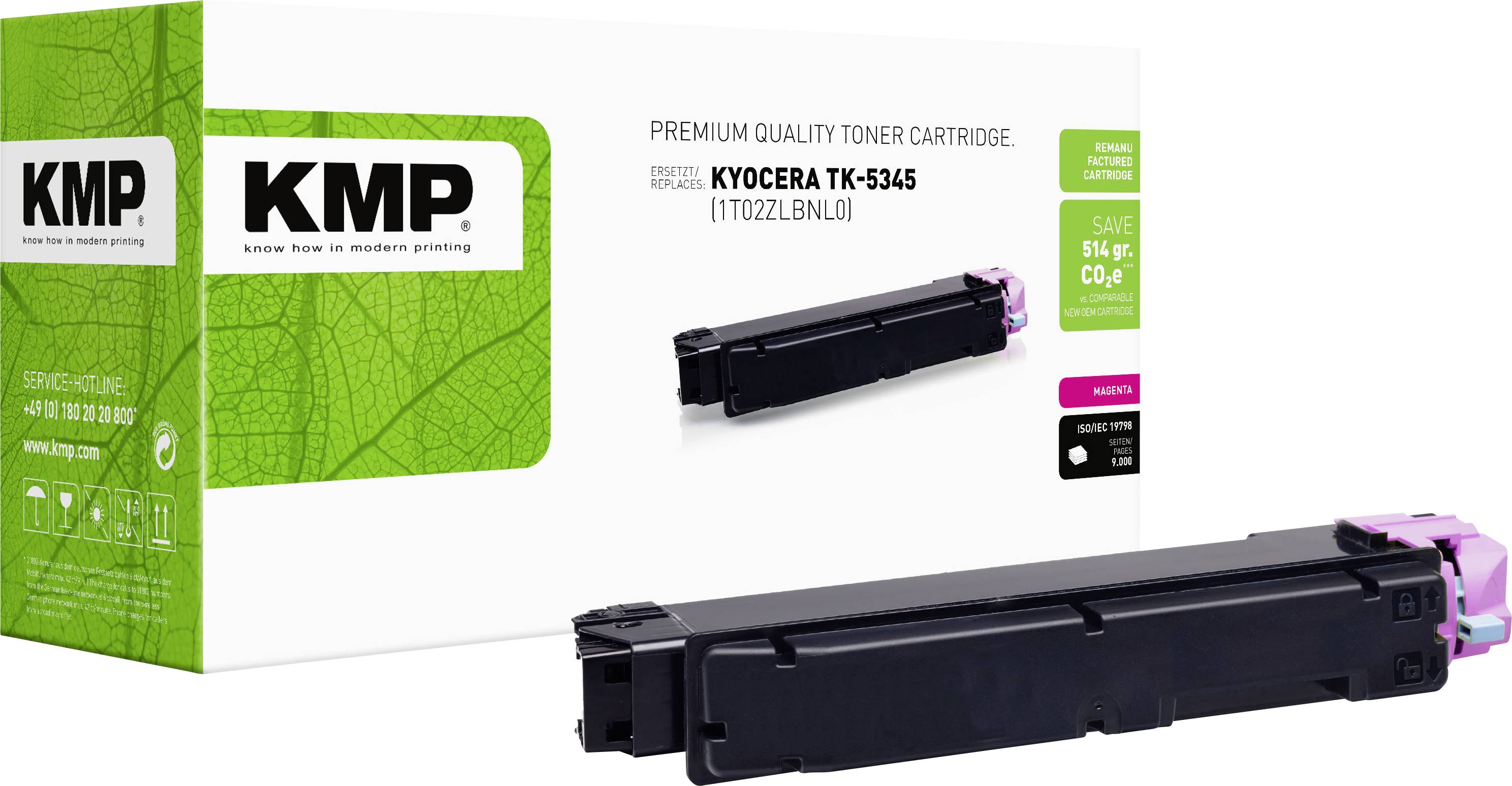 KMP premiummålas tonerkassett för Kyocera TK-5345, visad med förpackning och kassett på vit bakgrund; grön etikett framhäver besparingar och återvinning.