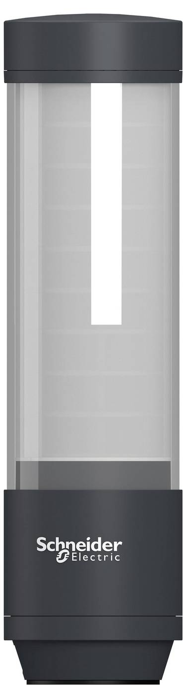 Vertikal Schneider Electric-cylindrisk produkt med mörklock och bas, transparent kropp och vit inre mittrand.