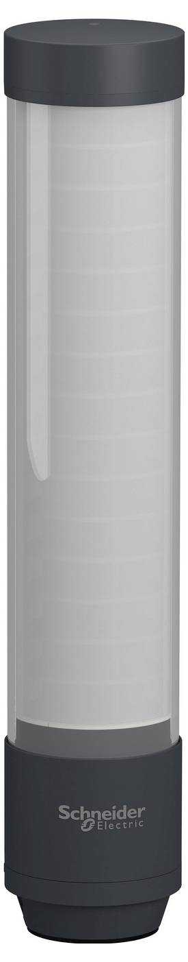 Schneider Electric cylindrisk industrisensor med grå kropp och svart topp och bas, visad vertikalt på en vit bakgrund.
