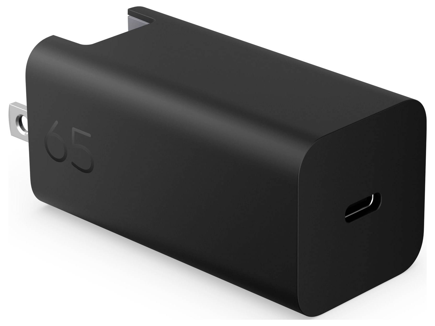 Svart 65W USB-C väggadapter med fällbar kontakt, visad i en produktstilvvy på vit bakgrund.