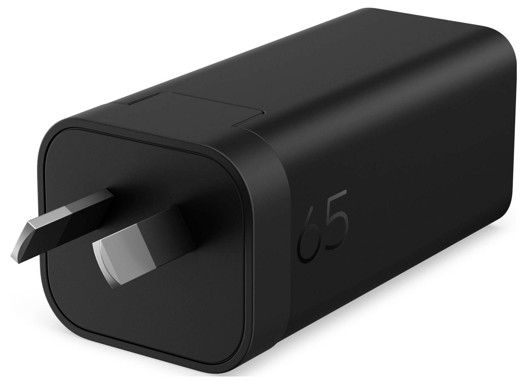 Svart 65W väggadapter med vikbar tvåtolkig kontakt på vit bakgrund.