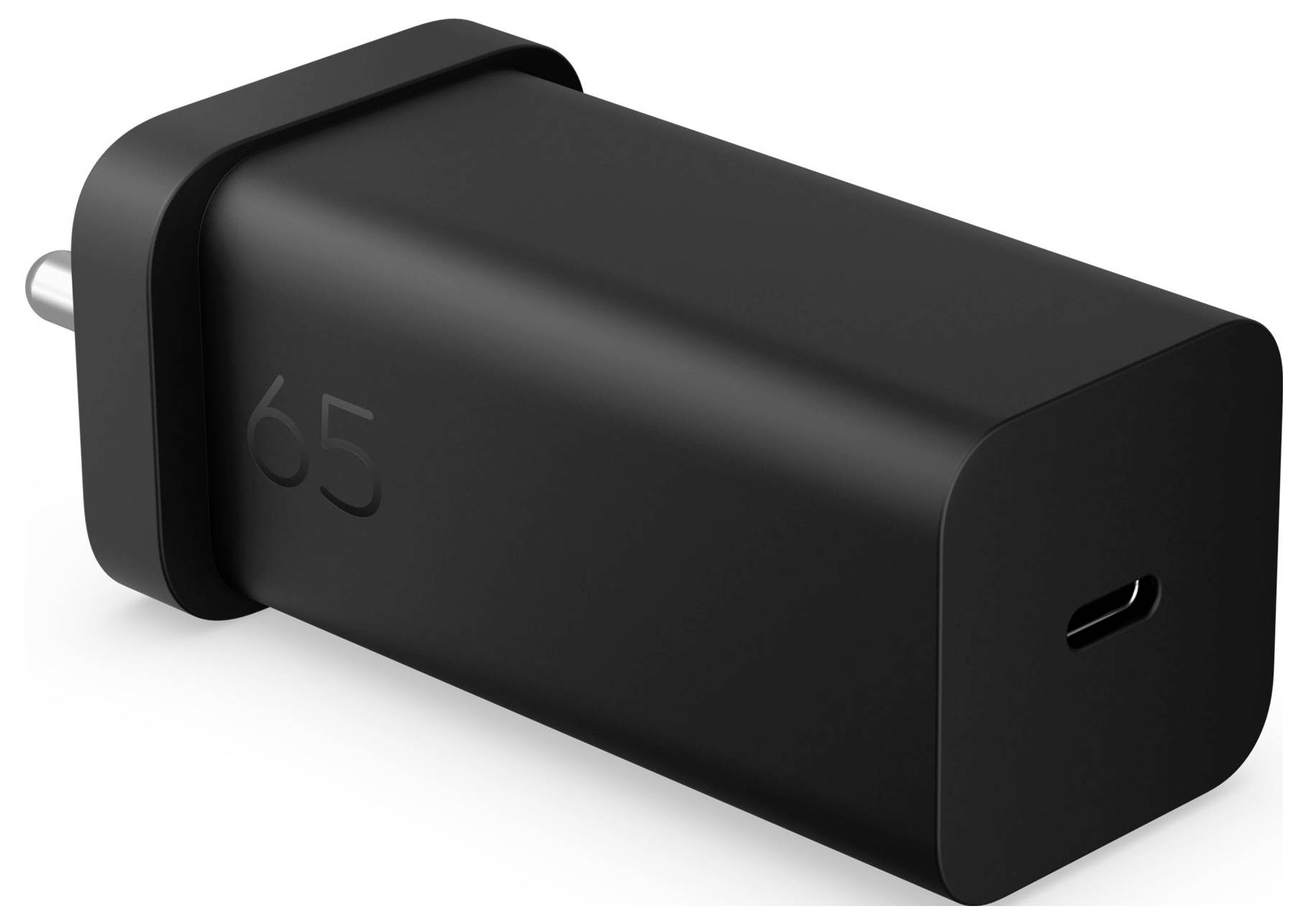 Svart USB-C-strömadapter med europeskt tvåpinnsuttag, märkt "65" på sidan.