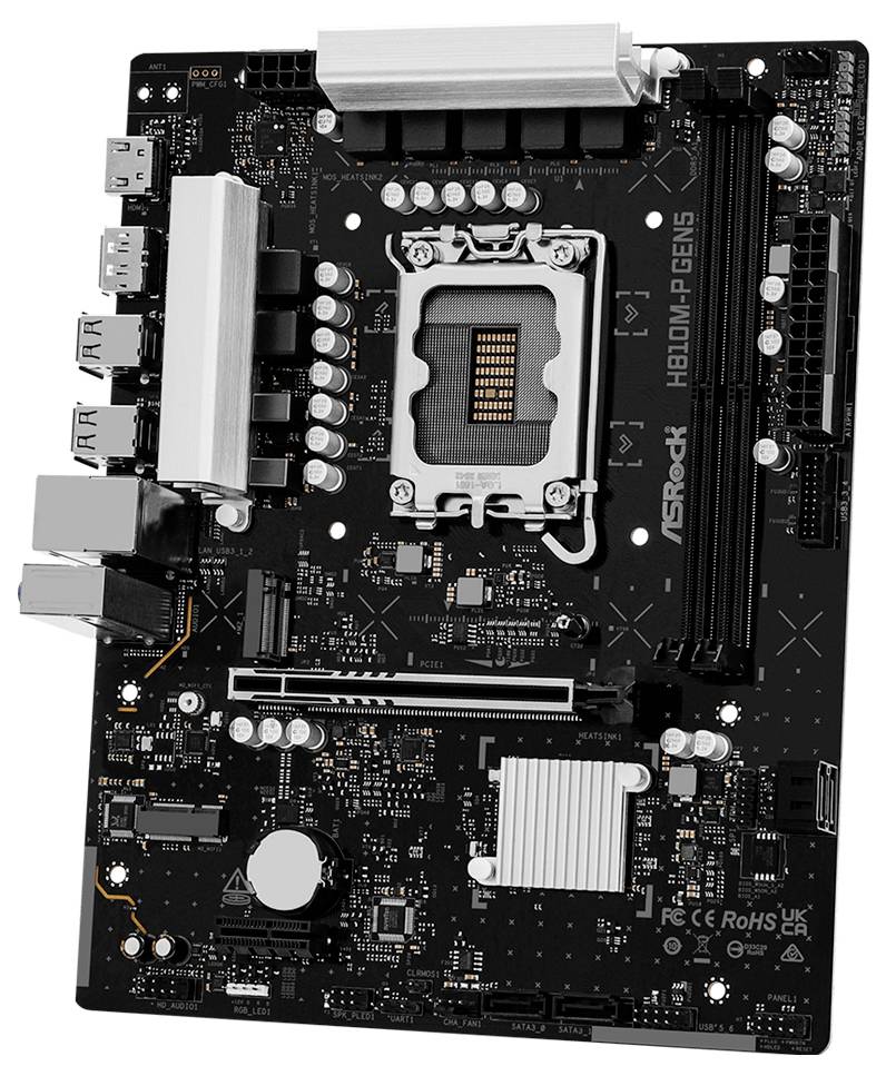 Svart ASRock H610M-HDV/M.2-moderkort med Intel CPU-sockel, RAM-platser, PCIe-slot, kylflänsar och bakre portar synliga.