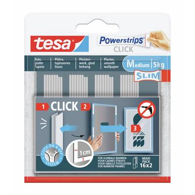 Förpackning för tesa Powerstrips Click, som visar smala mediumklistrande remsor på 5 kg och 3-stegs användning för att hänga smala ramar på släta väggar.