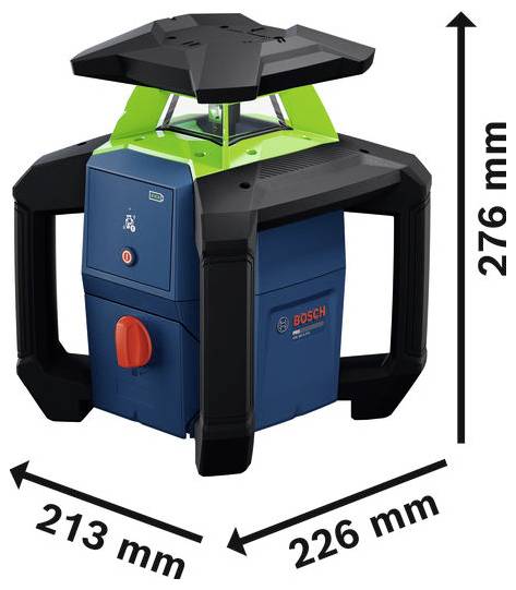 Bosch roterande lasernivå med stativliknande ram, visad med dimensioner 213 mm breda, 226 mm djupa och 276 mm höga.