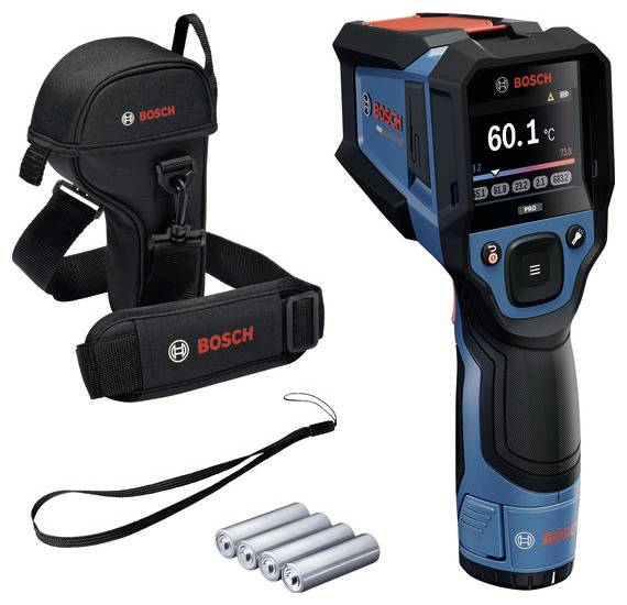 Bosch värmekamera med bärväska, rem och batterier på vit bakgrund.