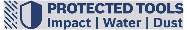 Protected Tools-logotyp med sköldsikon och texten "Impact | Water | Dust" som anger verktygsprotection mot dessa faror.