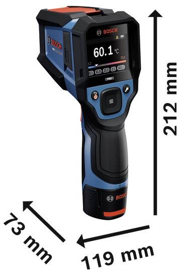 Bosches handhållen värmekamera visas med dimensionerna 212 mm hög, 119 mm bred och 73 mm djup.