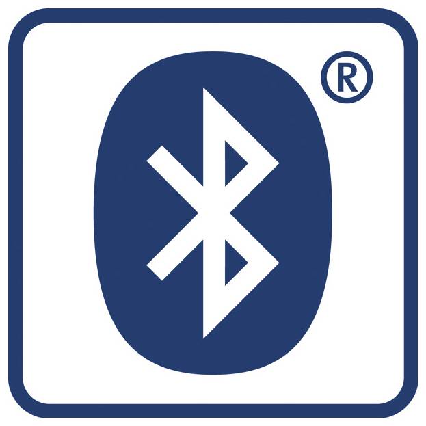 Bluetooth-logotyp: vit Bluetooth-symbol på en blå oval inuti en rundad kvadratisk ram, med ett registrerat varumärke.