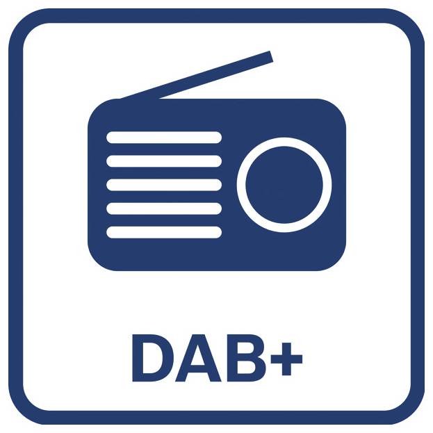 DAB+ radiologotyp med en stiliserad blå radiikon inuti en rundad fyrkantig ram och texten "DAB+" nedanför.