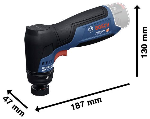 Kompakt Bosch-sladdlös vinkelborr med angivna mått: 187 mm lång, 130 mm hög, 47 mm bred.