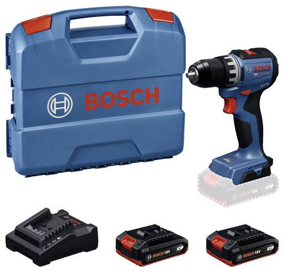 Bosch sladdlös borrmaskin med blå transportväska och tre 18V batteri-/laddartillbehör på vit bakgrund.