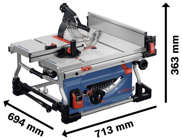 Produktdiagram av en Bosch bordssåg med dess övergripande dimensioner: 713 mm bred, 694 mm djup och 363 mm hög.