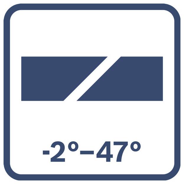 Blå kvadratisk ikon med ett vitt diagonalt snedstreck och texten "-2°–47°", vilket indikerar ett temperatur- eller lutningsintervall.
