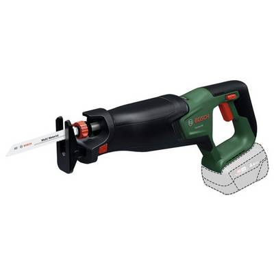 Bosch trådlös sågmaskin med batteri inkopplat, visad på vit bakgrund.