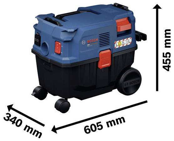 Bosch verktygslåda på hjul med måtten 605 mm lång, 340 mm bred och 455 mm hög.