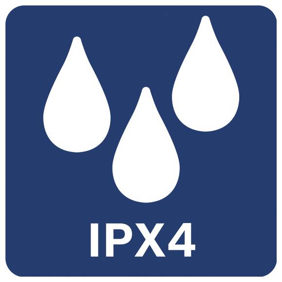 IPX4 vattentäthetsklassificering-ikon med tre vattendroppar på en blå bakgrund.