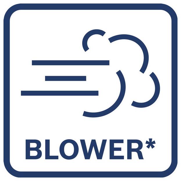 Blå ikon av blåsande luft med ordet "BLOWER*" under den.