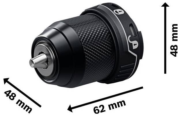 Svart cylindrisk borrklunga med dimensioner märkta 62 mm lång och 48 mm bred/hög, visad med pilar som anger storlek.