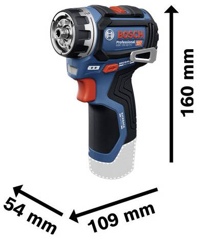 Bosch trådlös ficklampa visas med dimensioner: 160 mm hög, 109 mm lång och 54 mm bred.