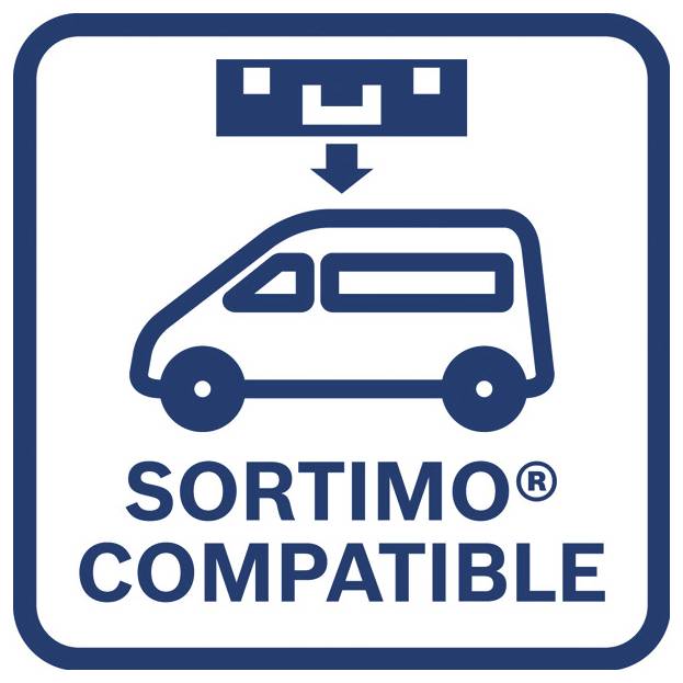 Logotyp som läser "SORTIMO COMPATIBLE" med en skåpbildsikon under en monteringsfäste och en nedåtpekande pil, vilket indikerar kompatibilitet med fordonssystem.