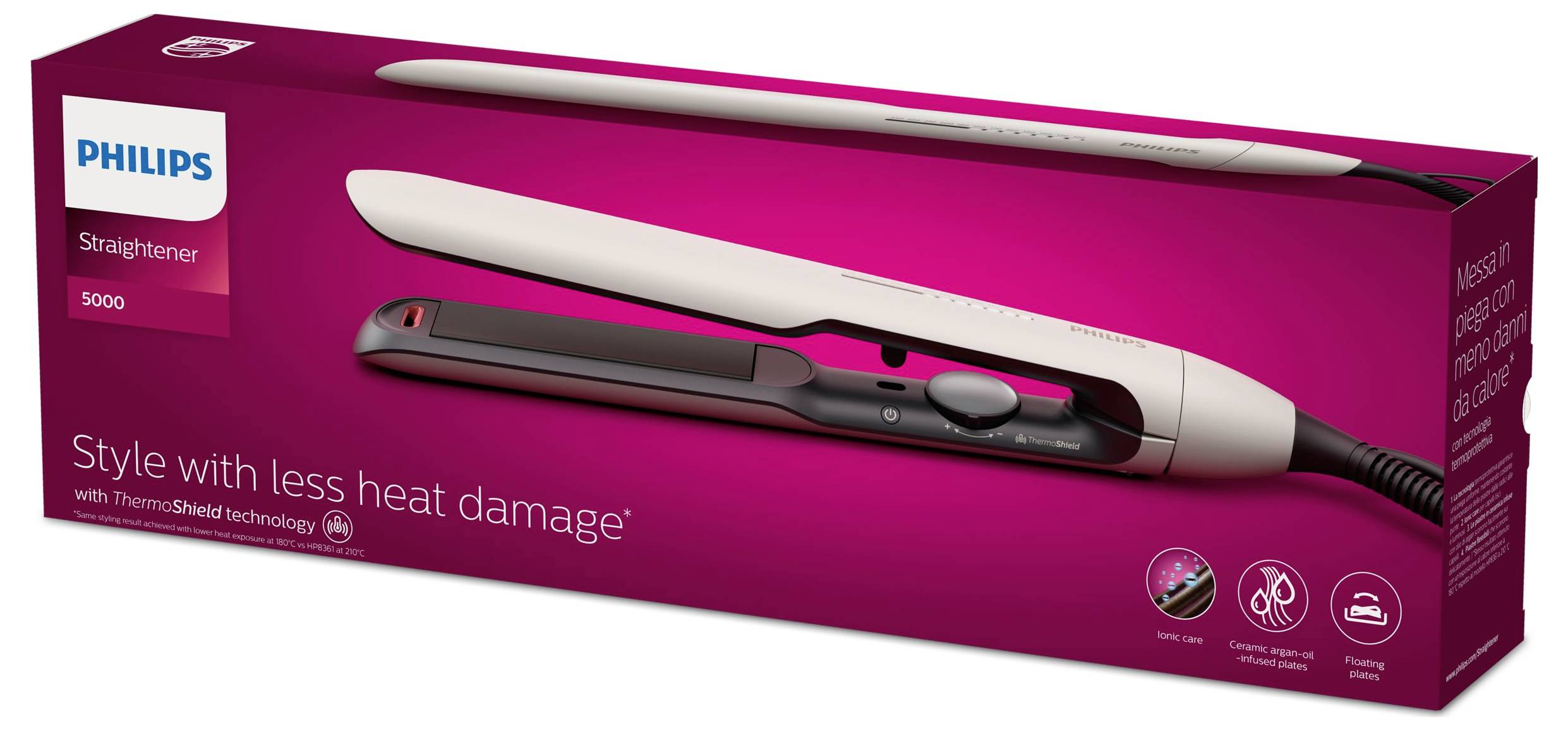 Philips Straightener 5000 låda som visar en vit och rosa hårslätare, med slagord "Stil med mindre värmeskada" och ThermoShield-teknologi.