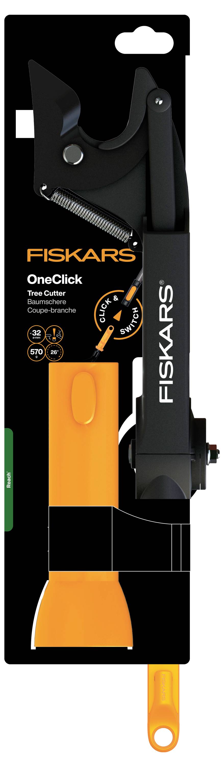 Paket med Fiskars OneClick trädklippare och stötkant med svarta och orange verktyg visade på en produktförpackning.