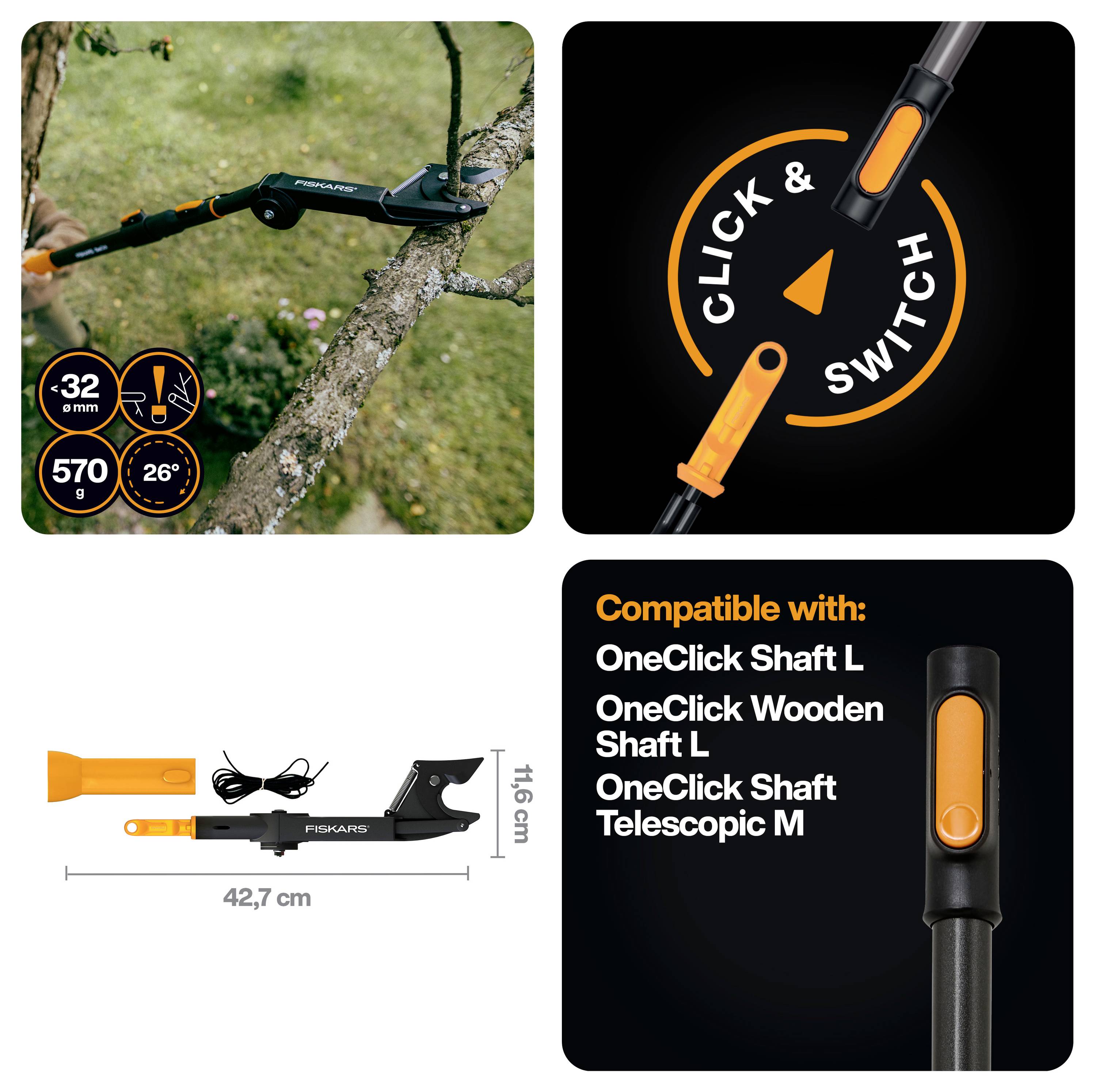 Reklamkollage som visar Fiskars OneClick-verktyghuvud på en stång, "klicka och byt" tillsatsbyte, och kompatibla skaft: OneClick Shaft L, Wooden Shaft L och Telescopic M.