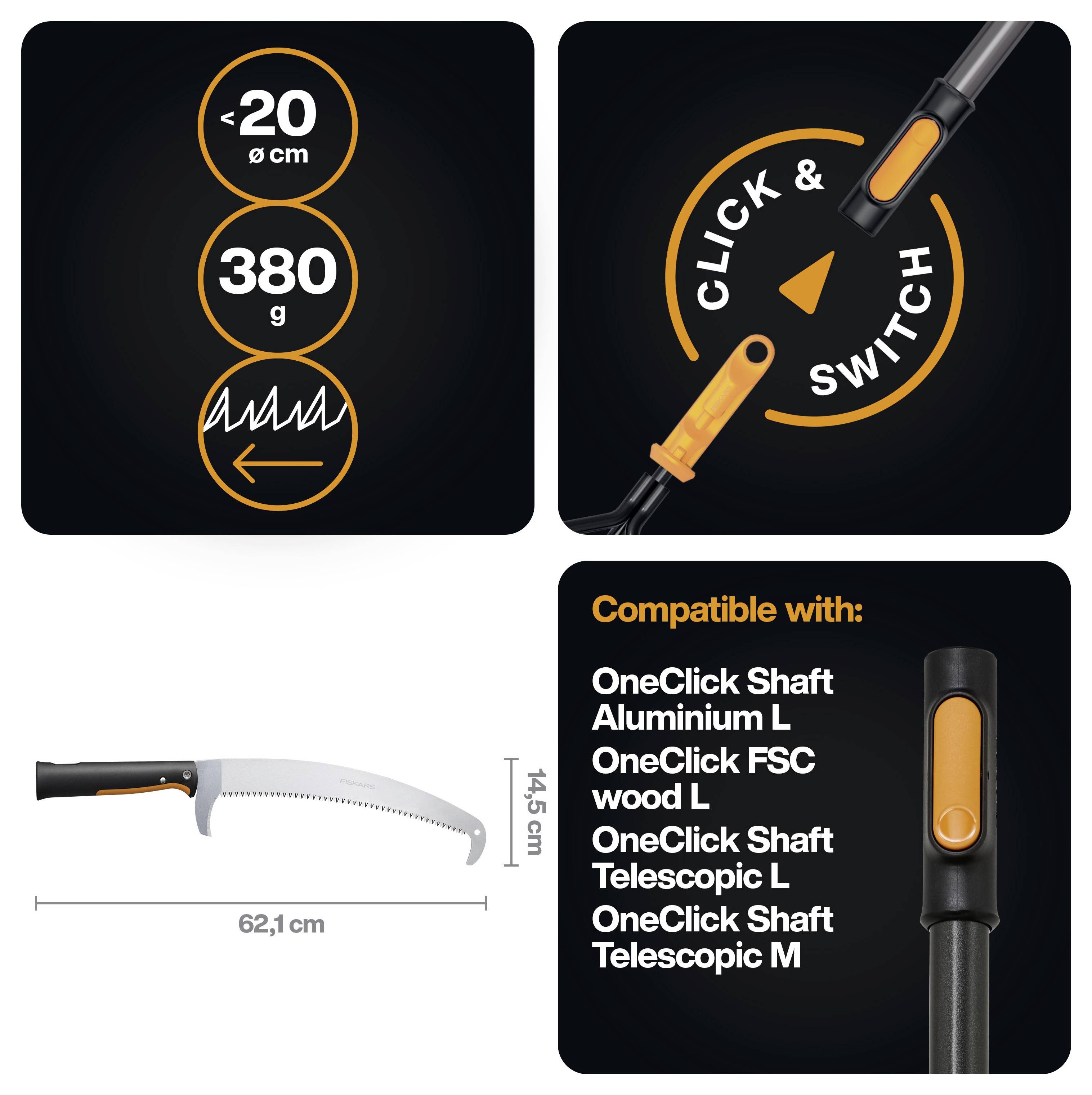Produktgrafik för en vikbar såg: under 20 cm ihopsluten, 380 g, 62,1 cm blad, 14,5 cm handtag, click-and-switch-skaftkompatibilitet angiven.